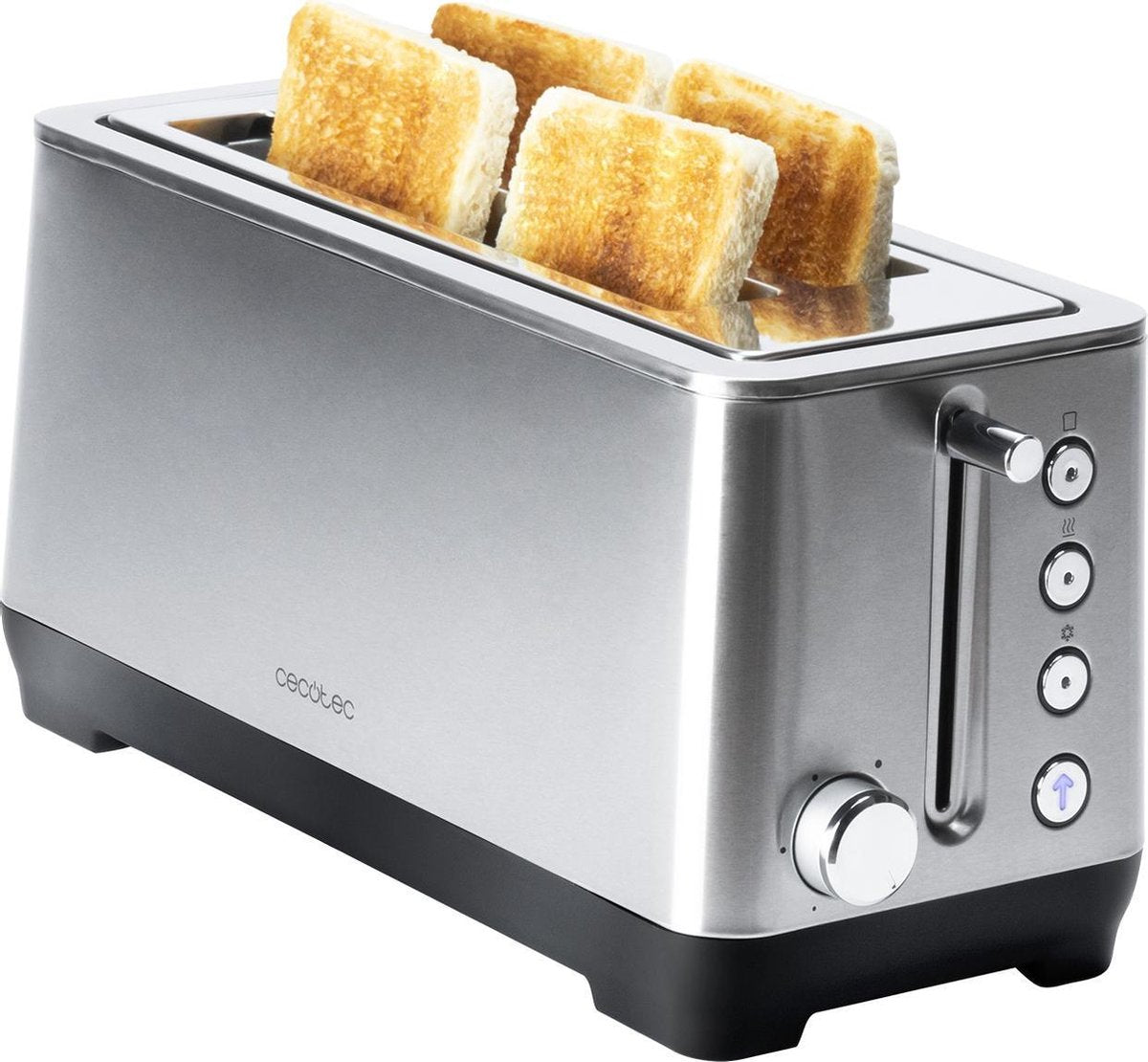 Cecotec Broodrooster Extra lang - Toaster tosti - Opzetstuk voor broodjes - Opwarmen en ontdooien - Kruimellade - RVS - Zilver