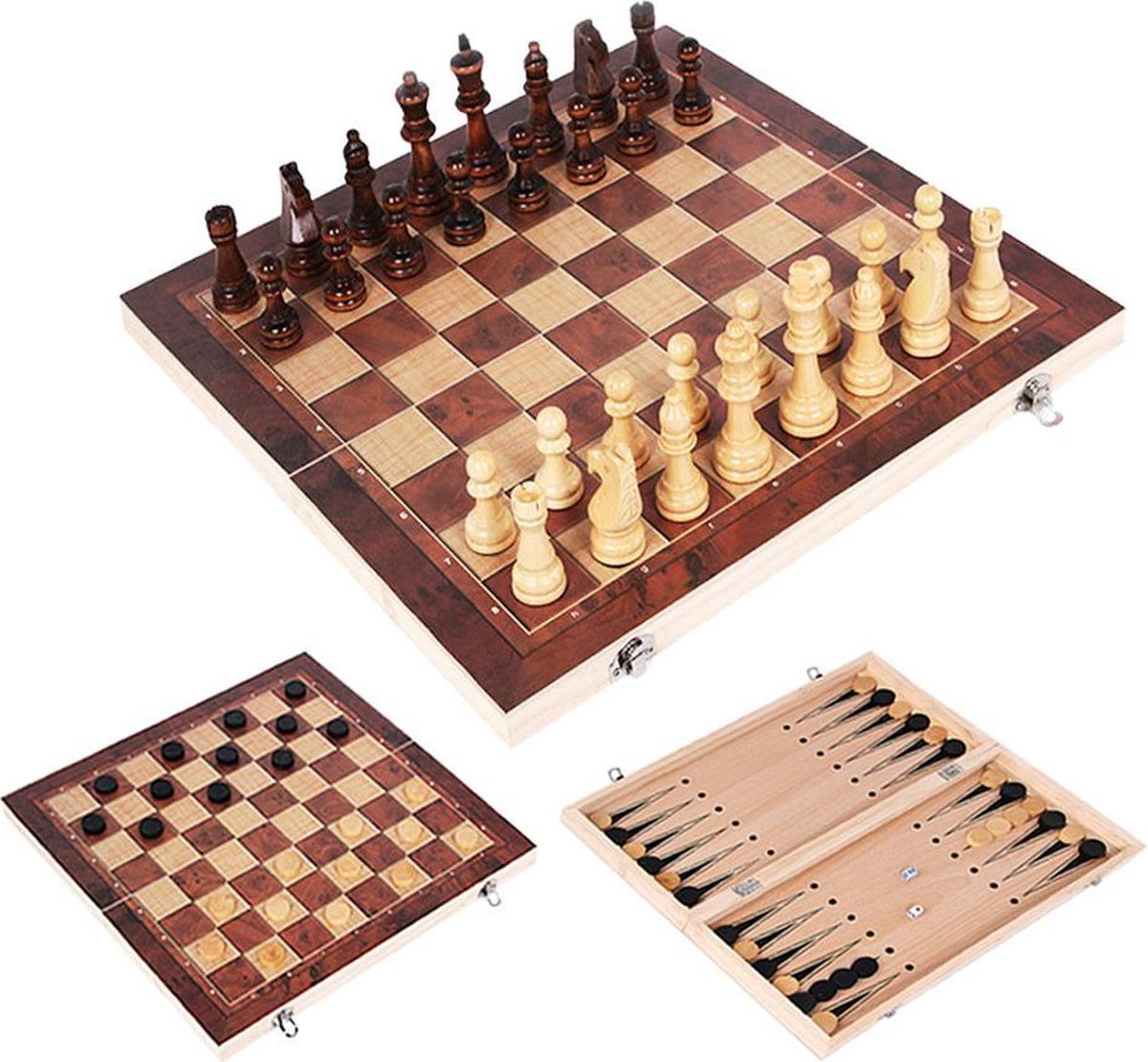 Schaakbord Hout – 3-in-1 Bord: Schaken