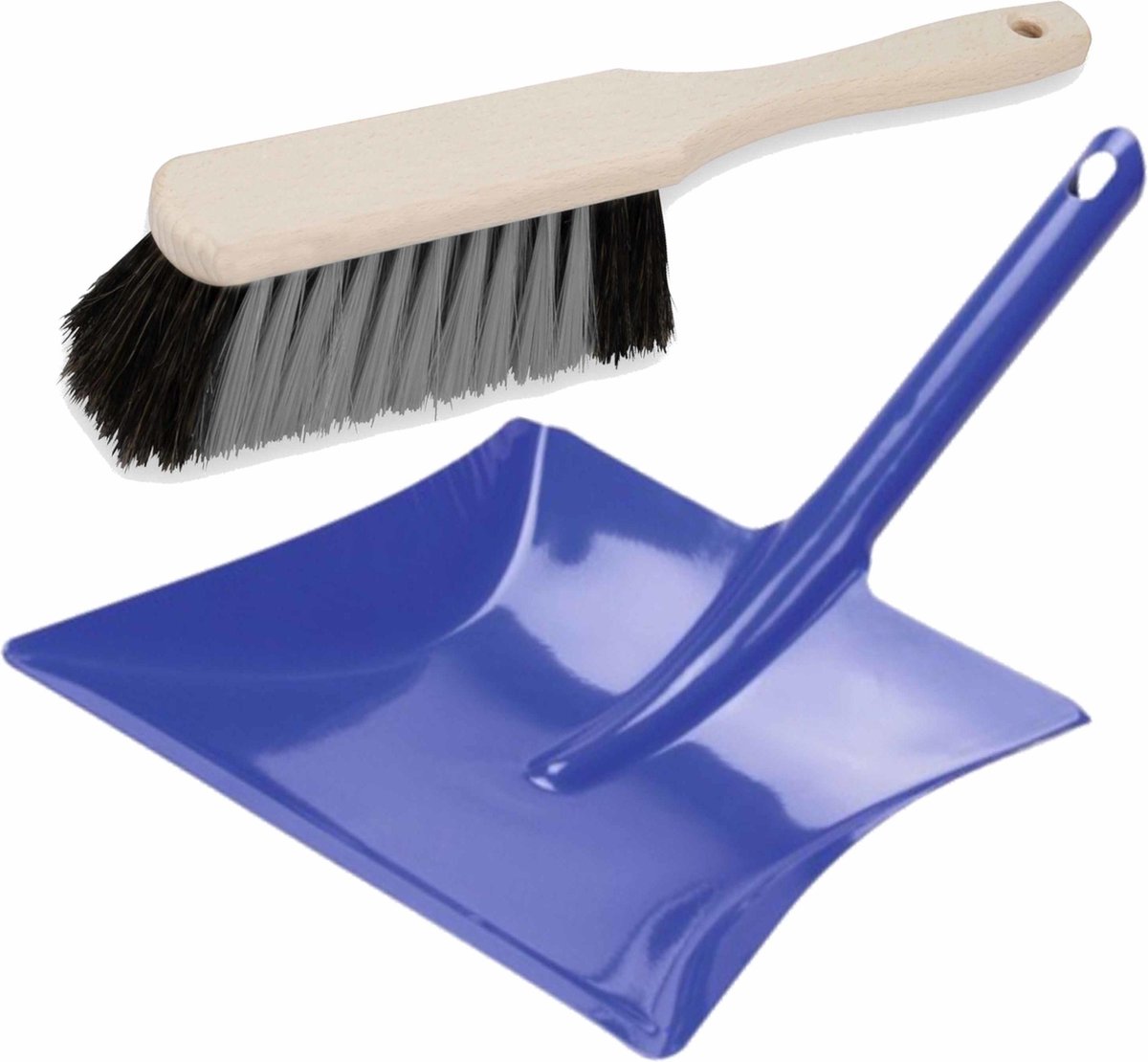 Stoffer en blik blauw van metaal/hout voor binnen - Zachte borstel/handveger
