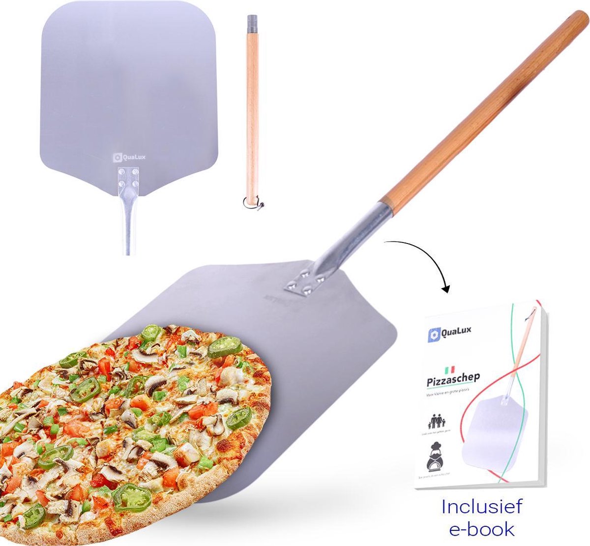 Qualux pizzaschep tweedelig – Pizzaschep voor BBQ – Ophangbaar – Hout/rvs