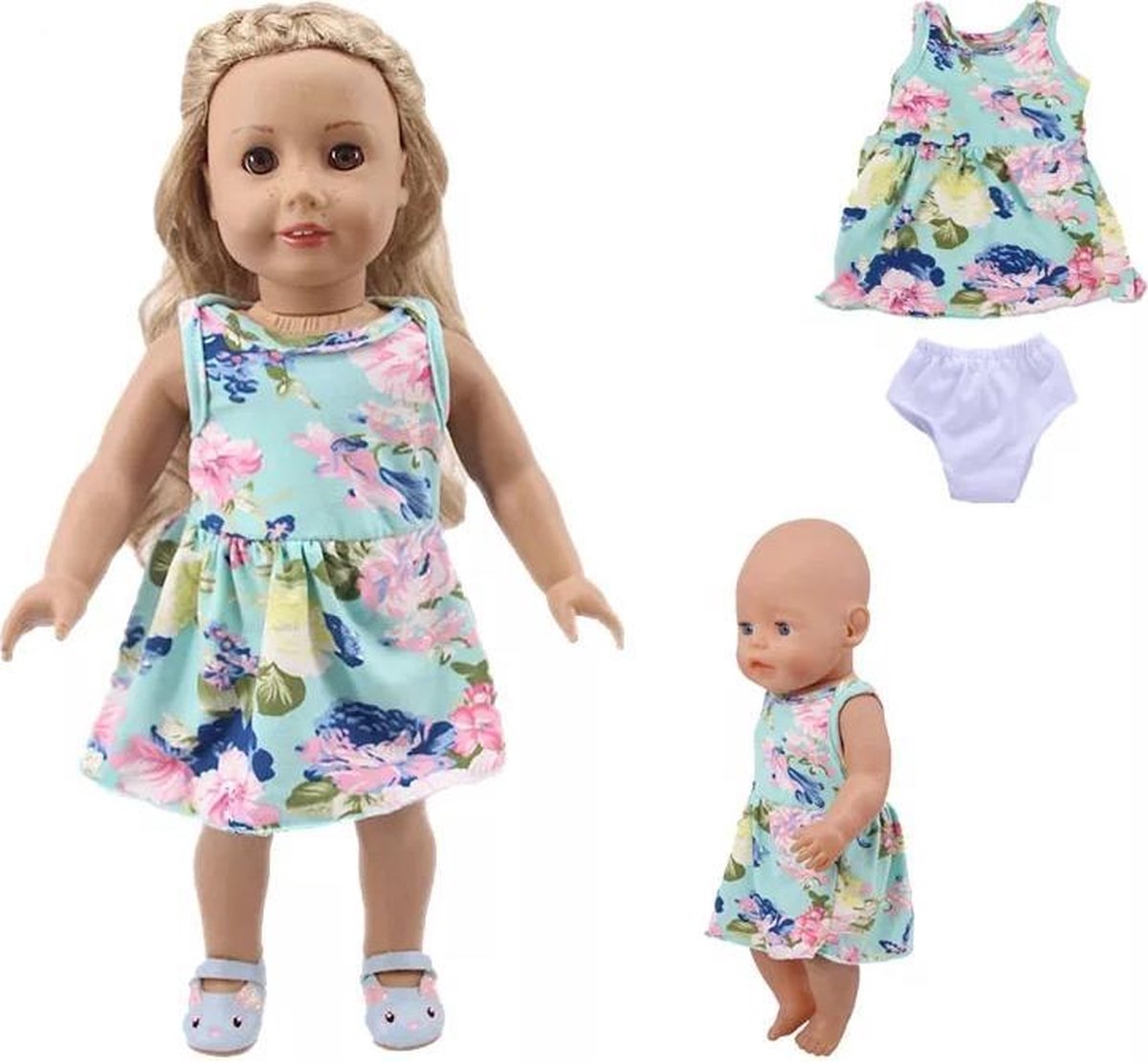 Poppenkleertjes - Geschikt voor Baby Born - Bloemetjes jurk met onderbroekje - Groene zomer & lente outfit