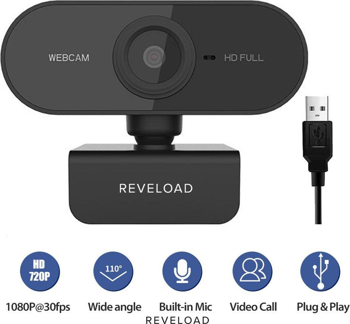 Reveload Webcam - Webcam voor PC Camera Web Cam Camera cover Laptop USB Webcam - Webcam voor Computer - Microfoon - Werk & Thuis - Windows & Mac