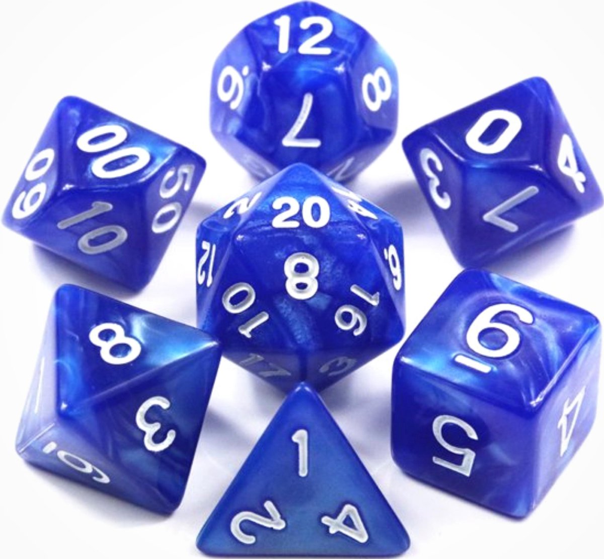KELERINO. Dobbelstenen voor Dungeons & Dragons - Polydice - Marmer - 7 Delige Set - Blauw / Wit