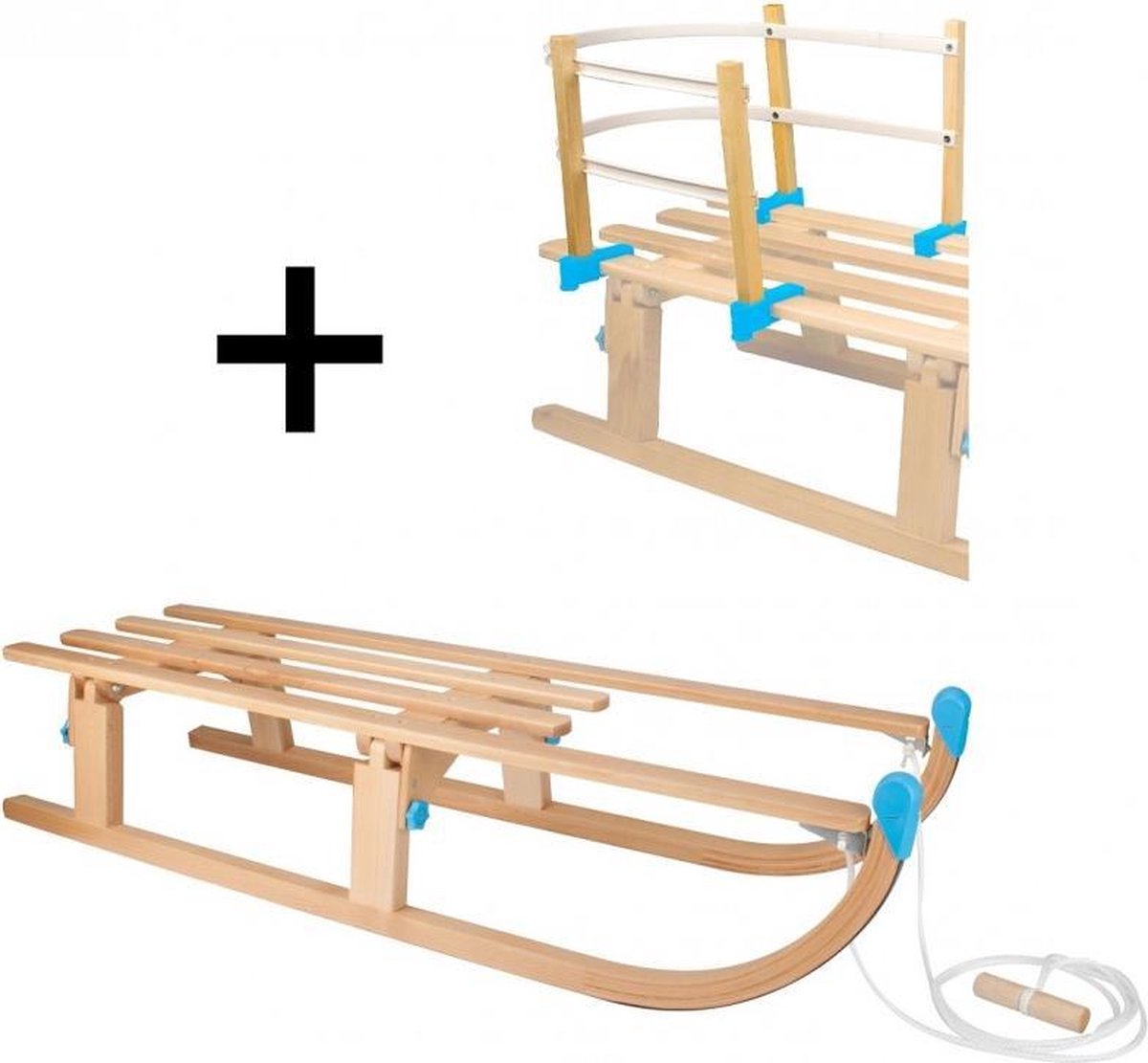 Slede hout opklapbaar 110 cm + rugleuning en touw - (houten slee) 0263