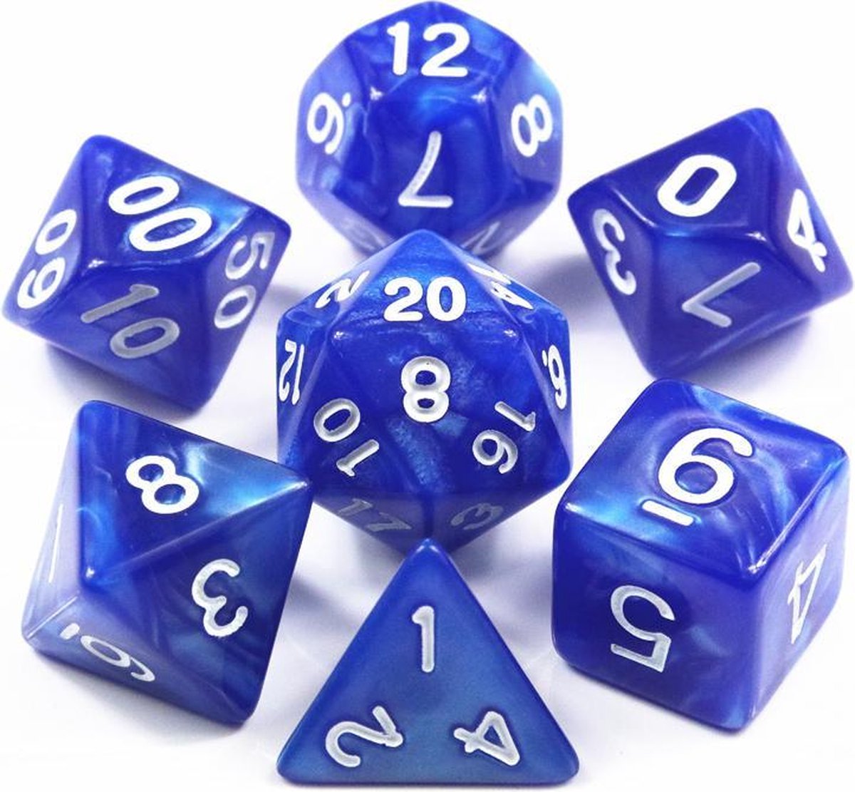 Polydice 7 Dobbelstenenset Blauw Wit in Dice Bag