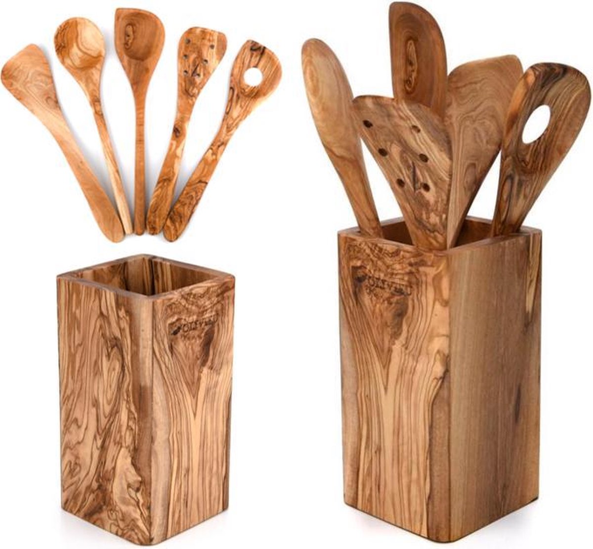 OLIVIEU ~ 5-delig Olijfhouten Duurzame Keukengerei Set met Keukengerei Houder ~ Houten Kookgerei ~ Minimalistisch & Handgesneden ~  Keukengerei Pot ~ Kookgerei set met kookgerei houder