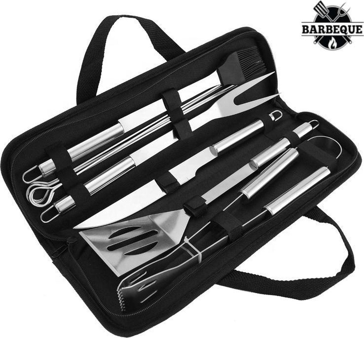 BBQ accesoires set RVS | BBQ gereedschapset | 9 delige set barbeque accesoires | BBQ gereedschap met tas | BBQ tang
