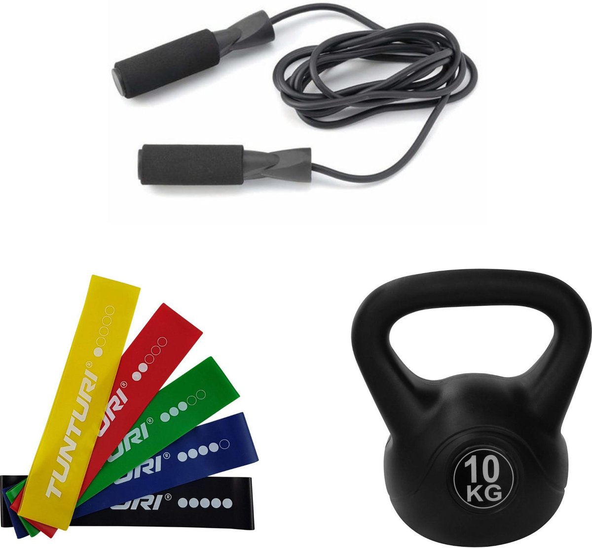 Tunturi - Workout Set - Kettlebel 10 kg - Springtouw - Weerstandsbanden - Resistance Band