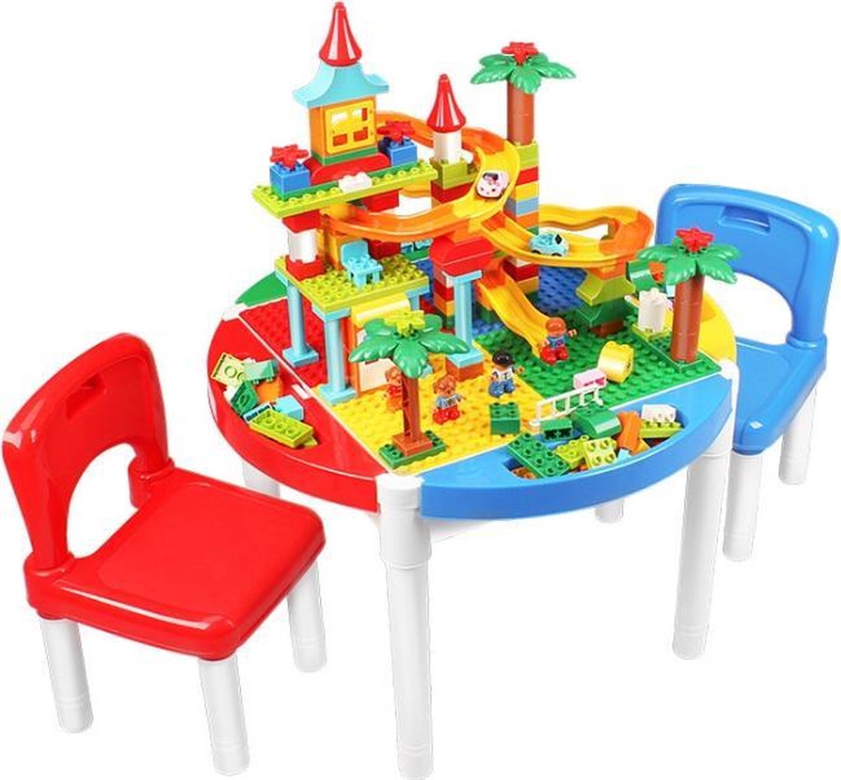Bouwtafel voor Kleine Lego & Grote Dulop bouwstenen - Vorm verstelbaar (ronde/vierkant) - Klassieke Lego rode en blauwe kleuren - 1 Bouwtafel + 2 Stoeltjes + 4 Bakjes - Blokkentafel - Speeltafel Kinderen - Geschikt voor Lego & Duplo Bouwstenen