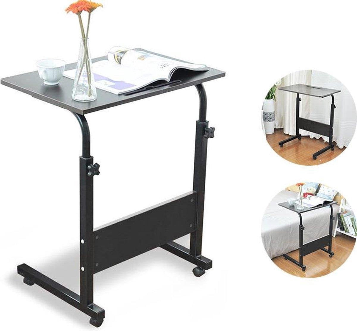 Laptoptafel Zwart 60x40x71x91cm | Tafel op wielen in Hoogte Verstelbaar | Leestafel op wieltjes | Bijzettafel | Notebook Standaard | Bijzettafel voor Bed Bank