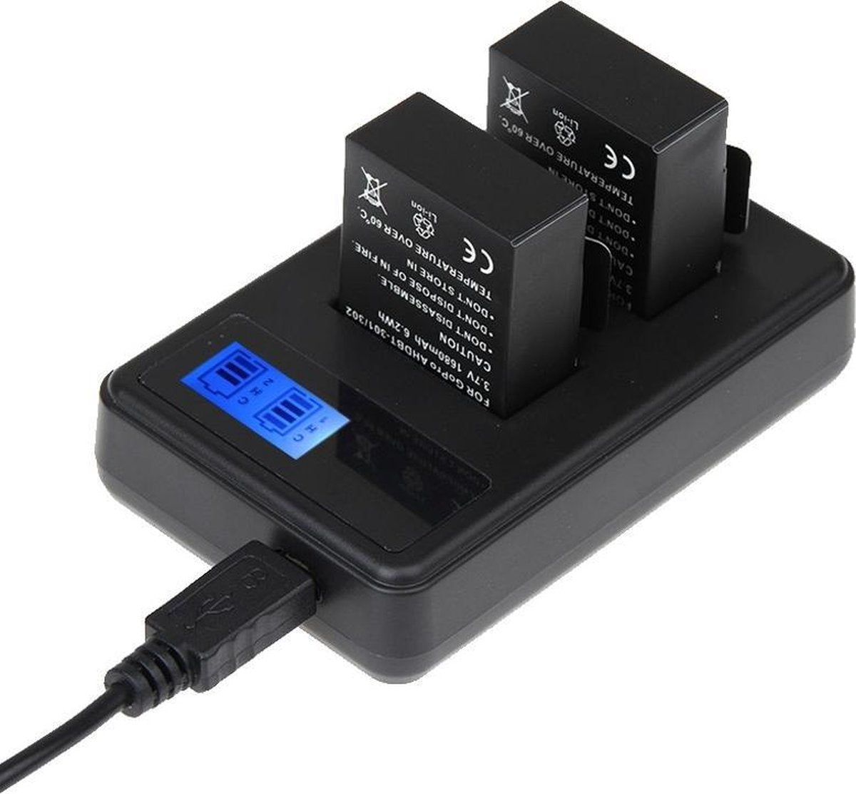 Dubbele Batterij Oplader met LCD Display voor GoPro Hero 3 / 3+ (AHDBT-301/302 Batterij Lader) | Zwart / Black