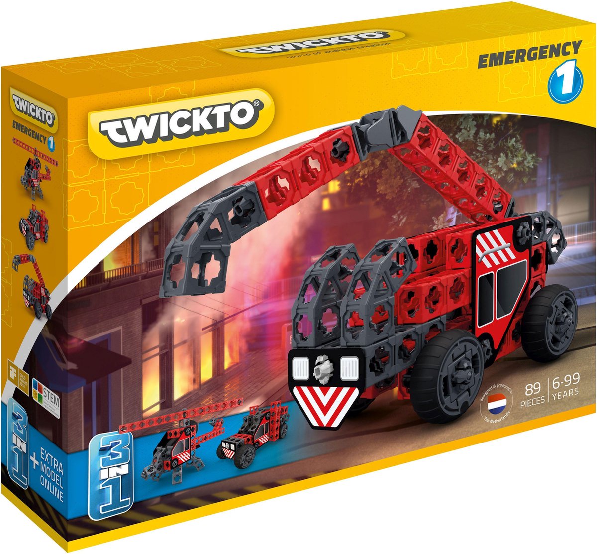 Twickto constructiespeelgoed – Brandweerauto / Brandweerwagen & Brandweer helikopter – speelgoed (6 - 99 jaar) – Constructie bouwset / bouwspeelgoed – Set Emergency #1 – 89 Delig