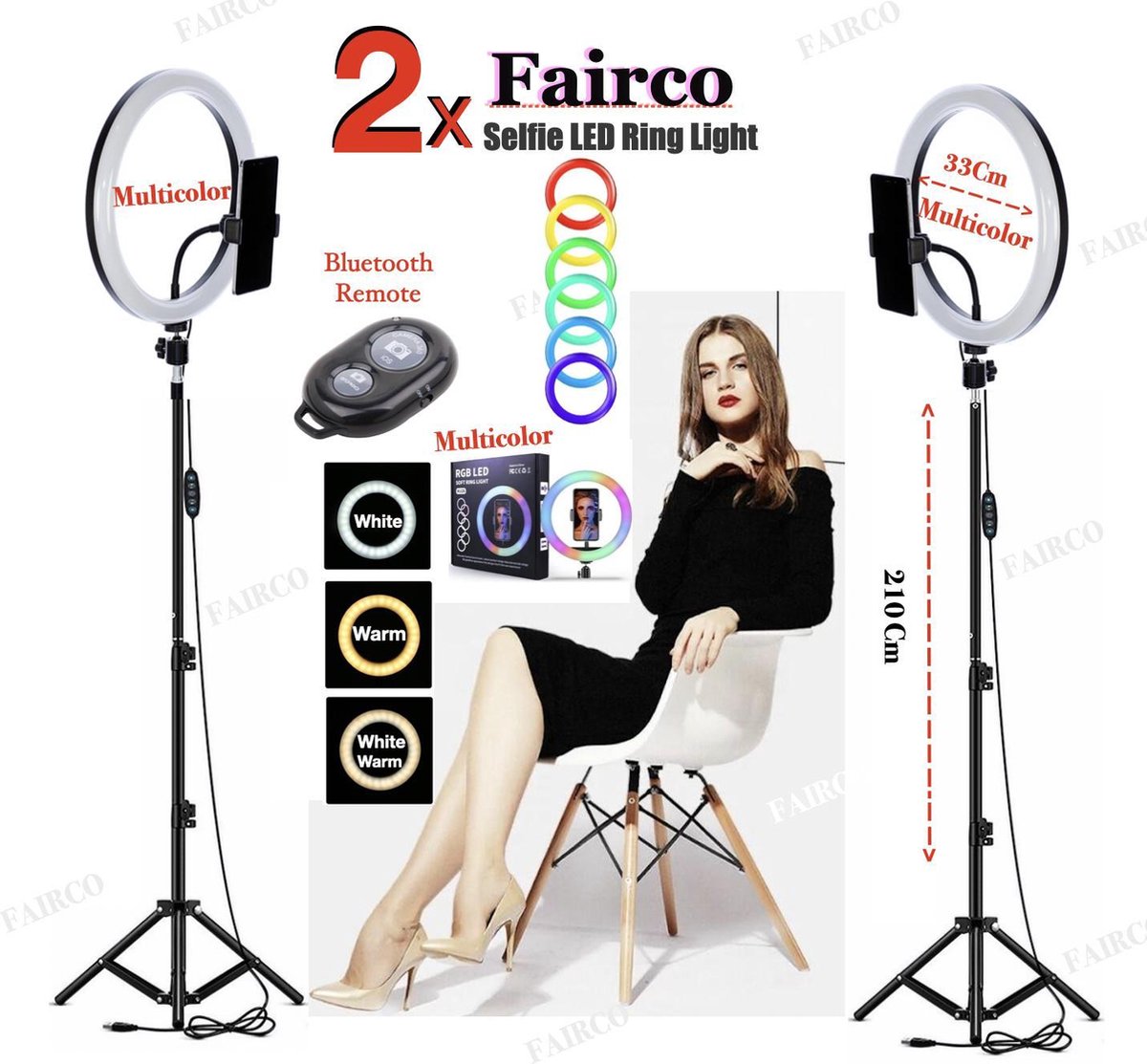 2Pcs Selfie LED Ring Lamp 33Cm Multicolour + Statief Camera 210 CM hoog Inclusief Bluetooth afstandsbediening en Telefoonhouder Selfie - lamp -Ringlamp - Statief - Tik tok - flitser – Make up light – Studiolamp – Ring Light van HiCHiCO