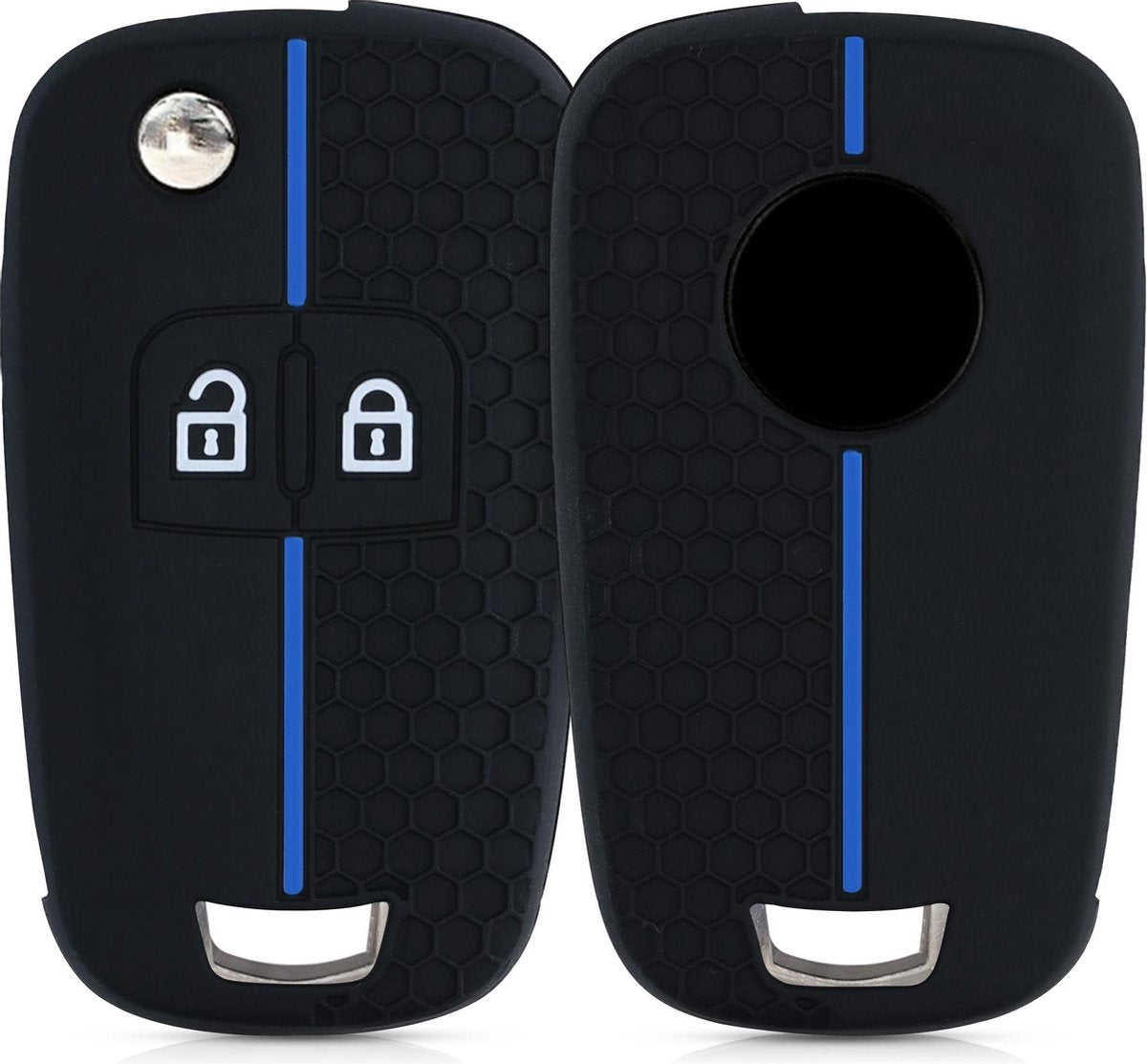 kwmobile autosleutelhoes voor Opel Chevrolet 2-knops inklapbare autosleutel - Siliconen beschermhoes in zwart / blauw