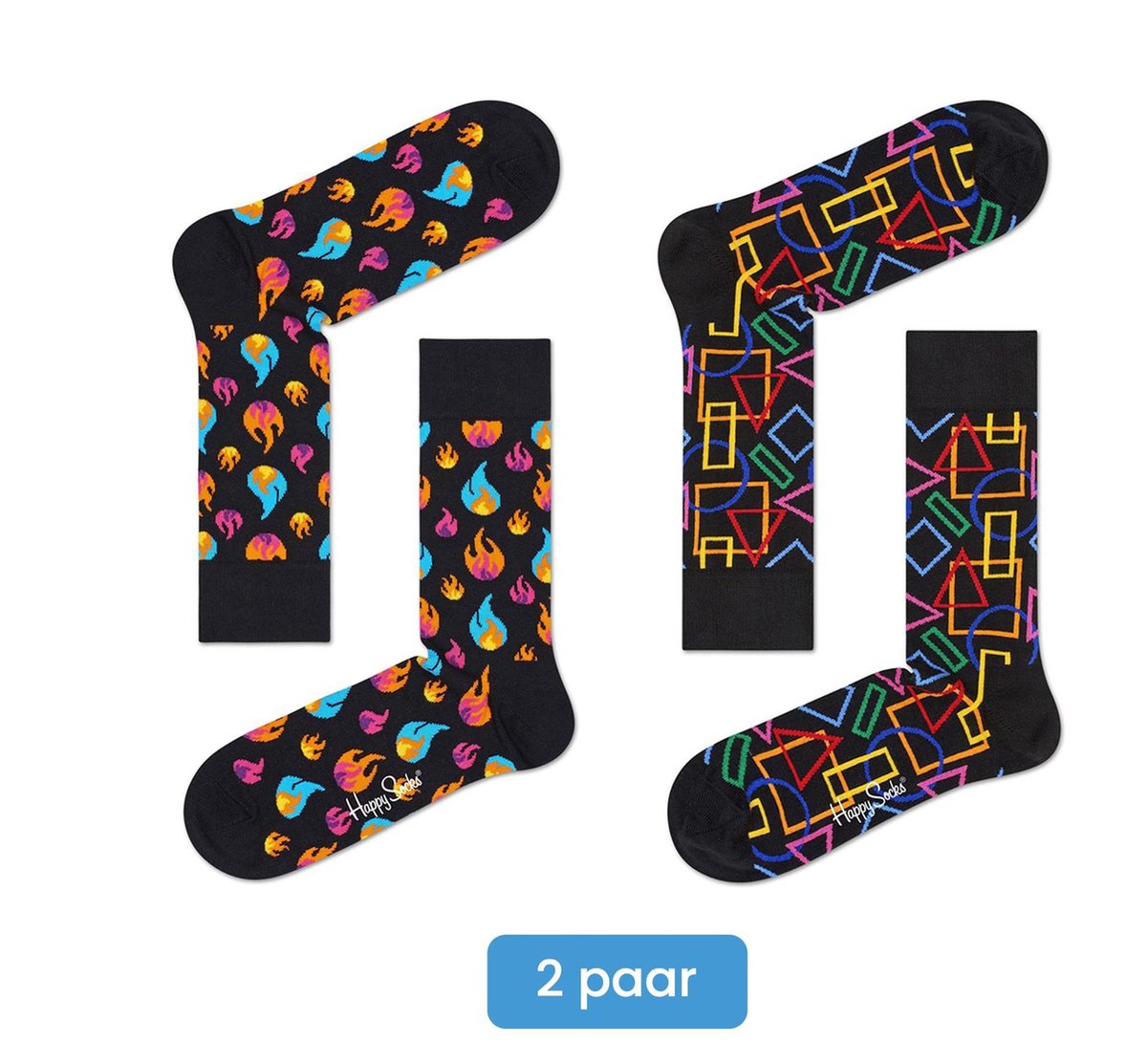 Happy Socks Geometric Flame Dames | 2 paar / 2-pack|Zwart en Multicolor | Maat 36-40– Geometric Flame Dames Edition – 2 paar Happy Socks |Flame & Geometric