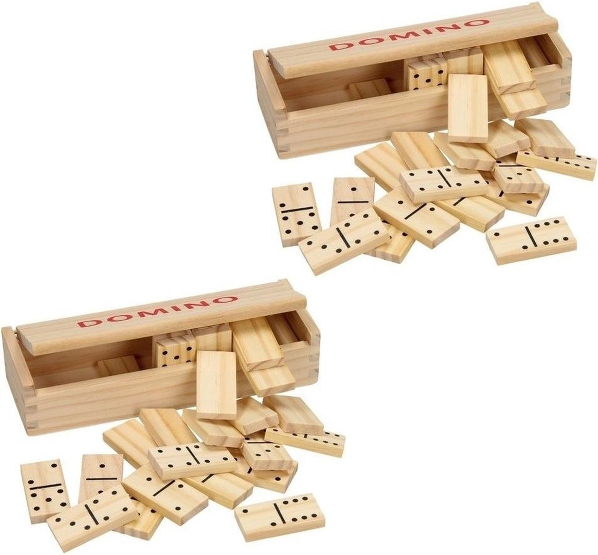 2x doosje Houten domino spel in kistje - 56x dominostenen - Gezelschapsspel - Familiespel