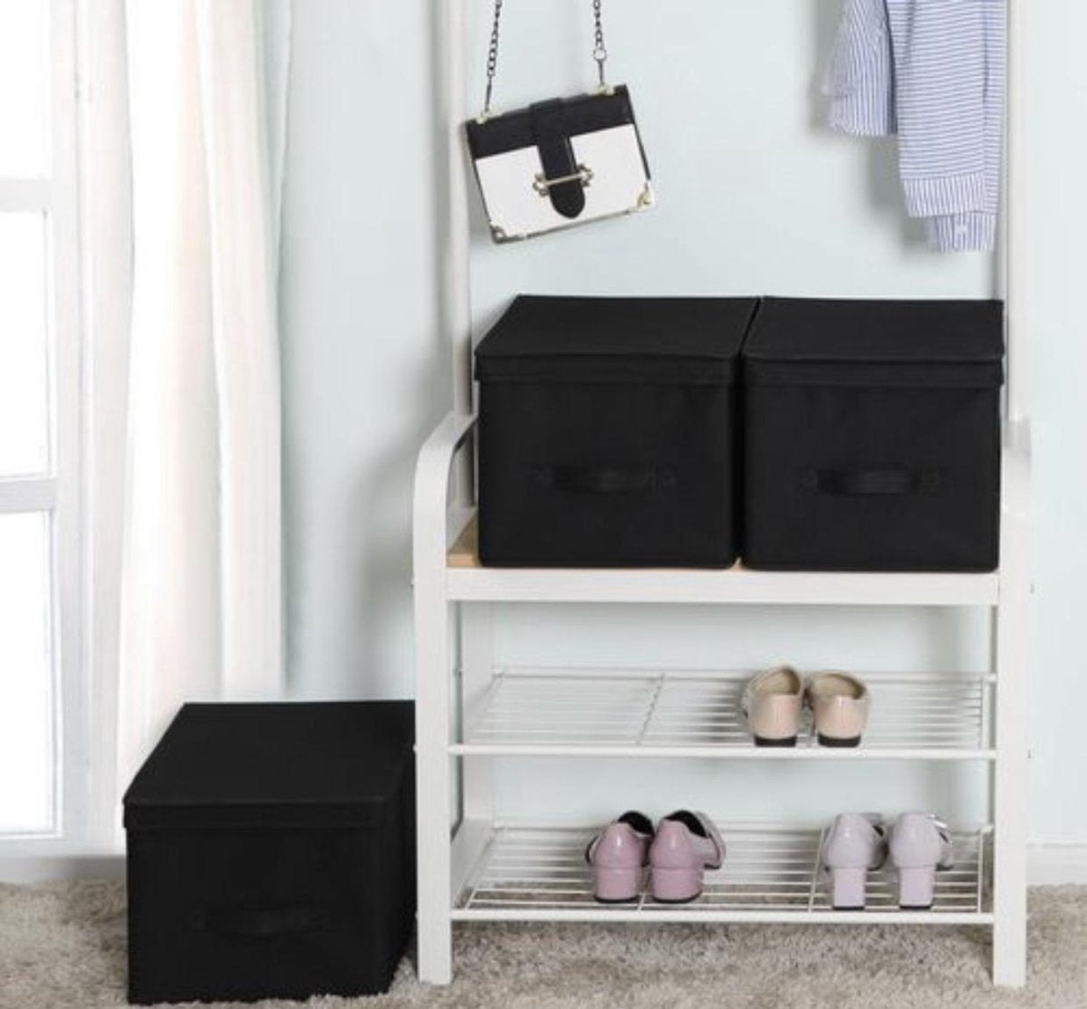 SONGMICS 3-delige vouwdoos met deksel Opvouwbare opbergdoos Stoffen doos 40x30x25cm zwart RFB03H