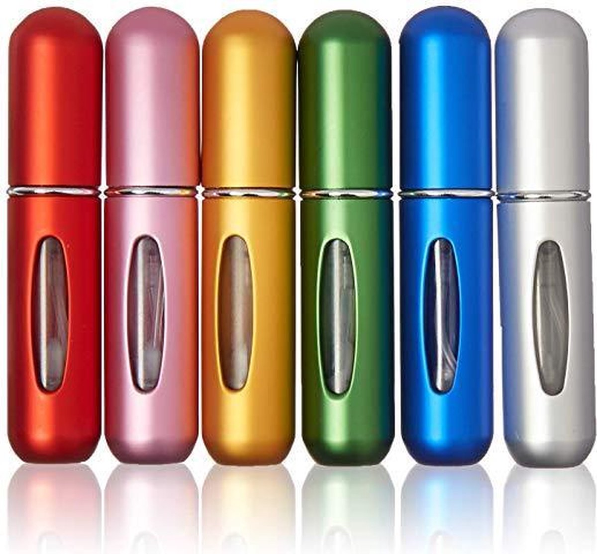 MaxedMore Navulbare Parfumverstuiver 5ml Rood/Licht Roze/ Oranje/Groen/ Blauw/ Grijs - 65 Keer Spraybare Parfum Verstuiver - Hervulbaar Tasverstuiver voor Parfum - Meeneem Mini Geur Flesje voor op Reis - Lipstick Formaat Navulbaar Parfumflesje