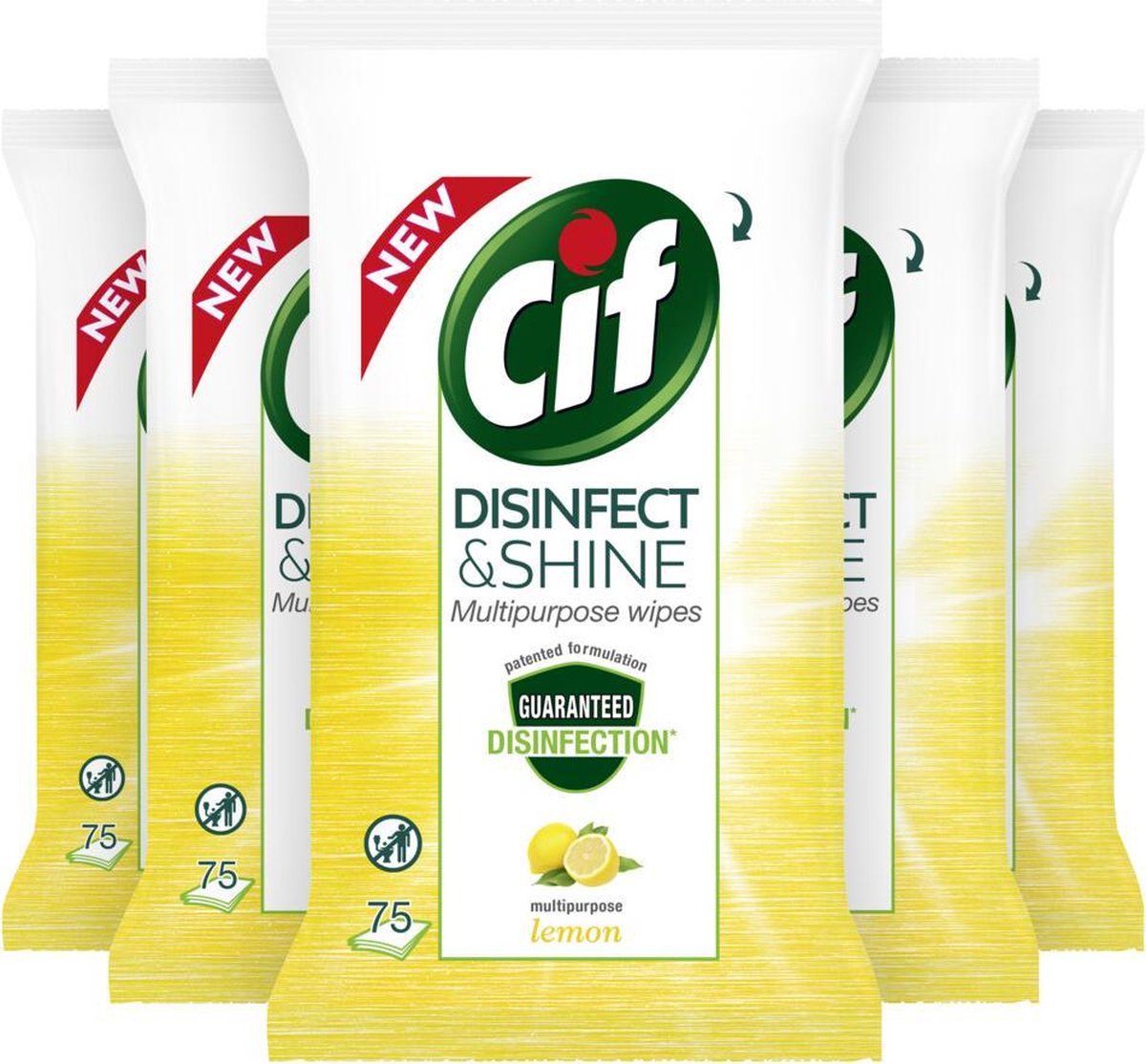 Cif Disinfect & Shine Multipurpose Wipes Lemon - 5 x 75 doekjes - Voordeelverpakking