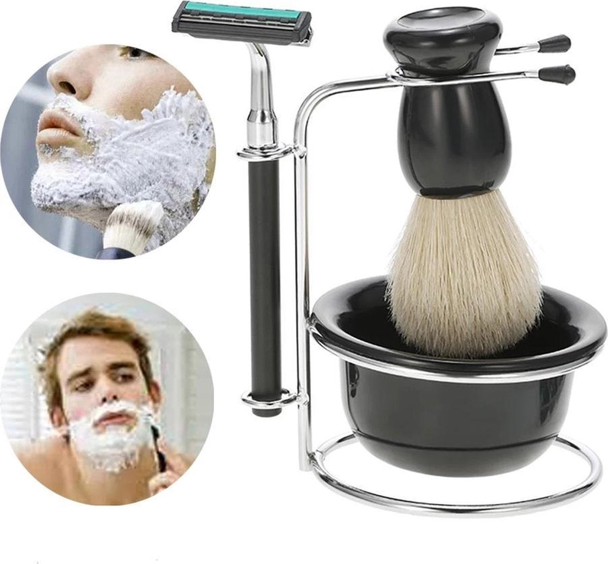 4-in-1 Heren Scheerset - scheerkwast- scheermes-RVS houder- cadeautip