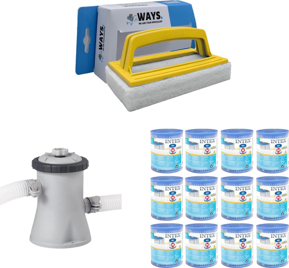 WAYS - Zwembad Onderhoud - Intex Filterpomp 28602GS & 12 Intex Filters Type H & WAYS Handy Scrubborstel