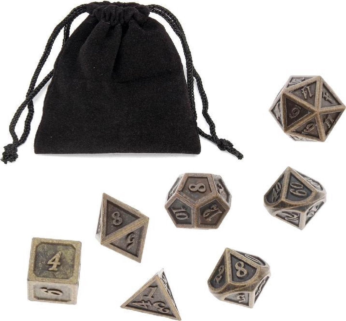 Metal Polydice set - Metalen Polyhedral dobbelstenen set 8 delig | Set van 7 dice in velours bewaarzakje / bag | dungeons and dragons dnd dice | D&D Pathfinder RPG DnD | Koper / Metaal