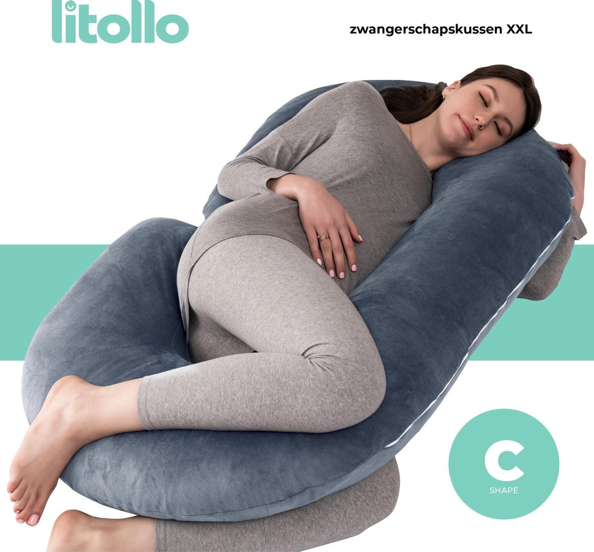 Litollo® Zwangerschapskussen (C-vorm) - Voedingskussen - Lichaamskussen - Zijslaapkussen - Body pillow - Zachte fleece stof - Grijs