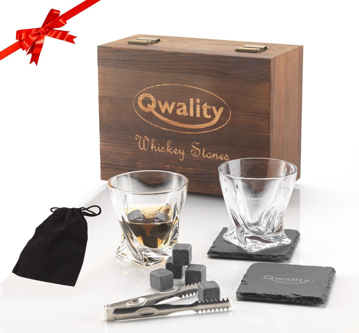 Whiskey Stones Set (15-delig) - Inclusief Glazen - Whisky Stenen - Luxe Cadeau Set Man Vrouw - Herbruikbare ijsblokjes - Qwality