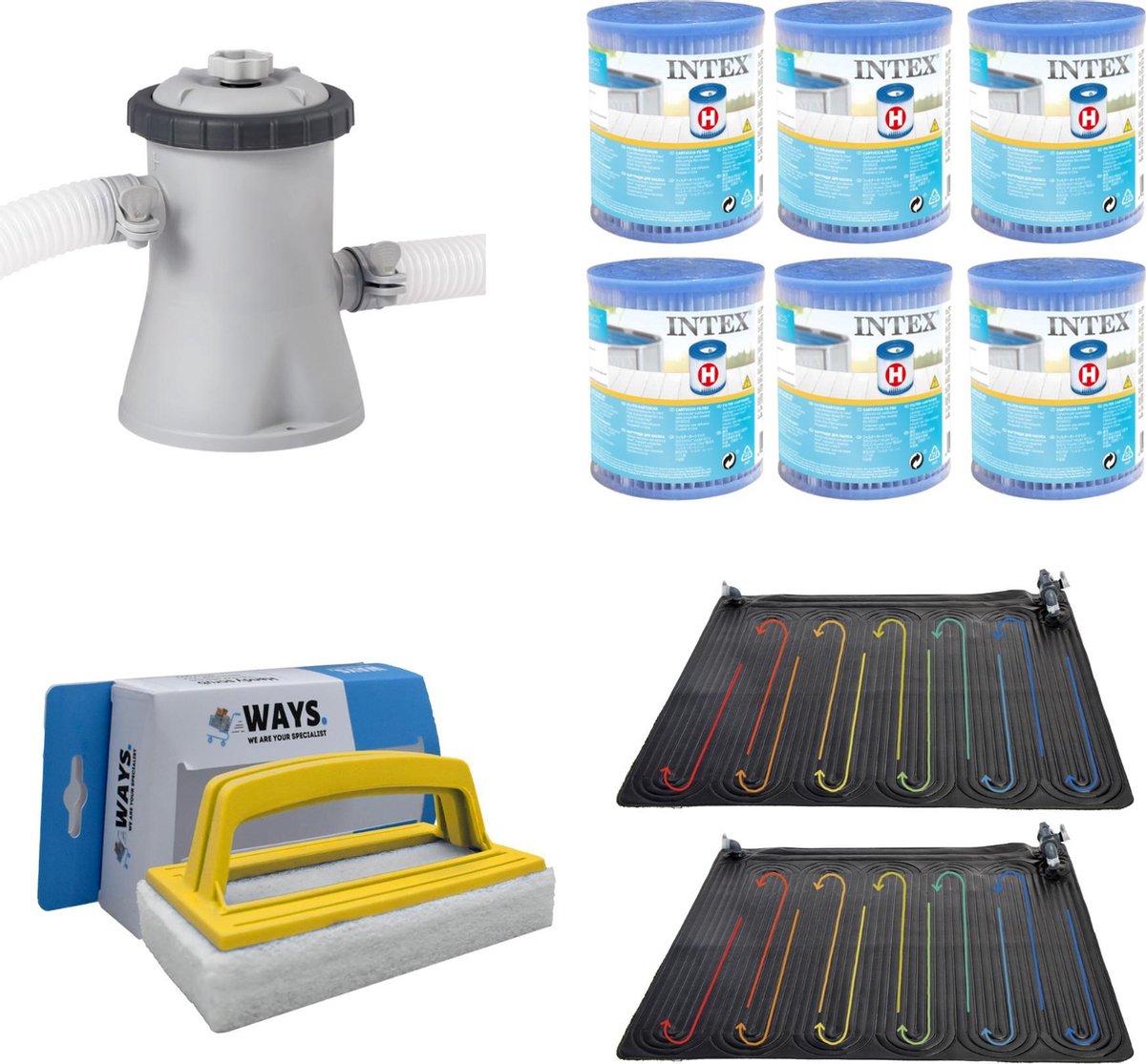 WAYS - Zwembad Onderhoud - Zwembad Verwarming 2 stuks & Intex Filterpomp 28602GS & 6 Intex Filters Type H & WAYS Handy Scrubborstel