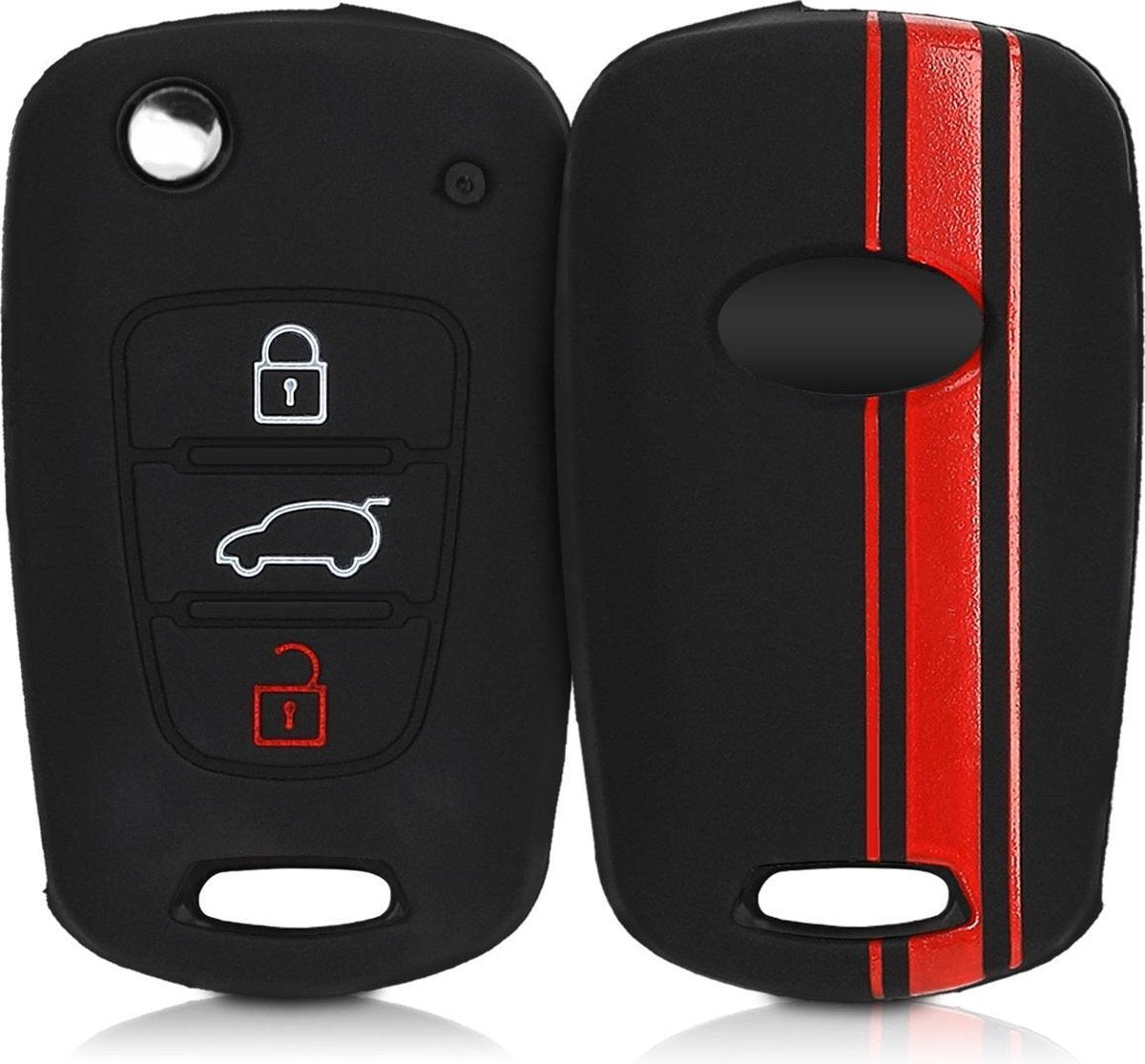 kwmobile autosleutelhoes voor Hyundai 3-knops inklapbare autosleutel - Siliconen beschermhoes in rood / zwart - Rallystrepen design