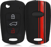 kwmobile autosleutelhoes voor Hyundai 3-knops inklapbare autosleutel - Siliconen beschermhoes in rood / zwart - Rallystrepen design