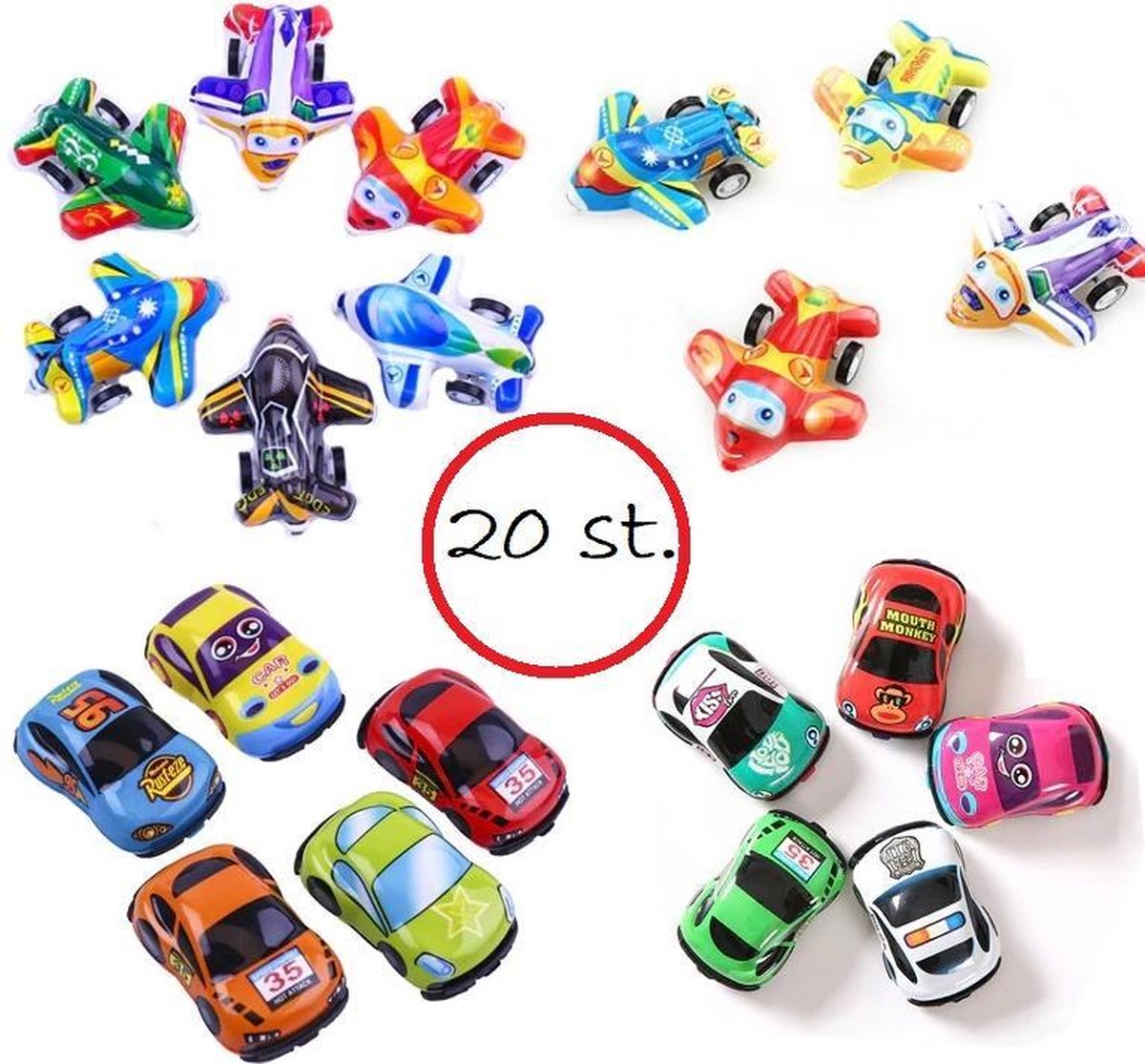 Kinder traktatie uitdeelcadeau | vliegtuigen en auto's met terugtrek functie (20 stuks)
