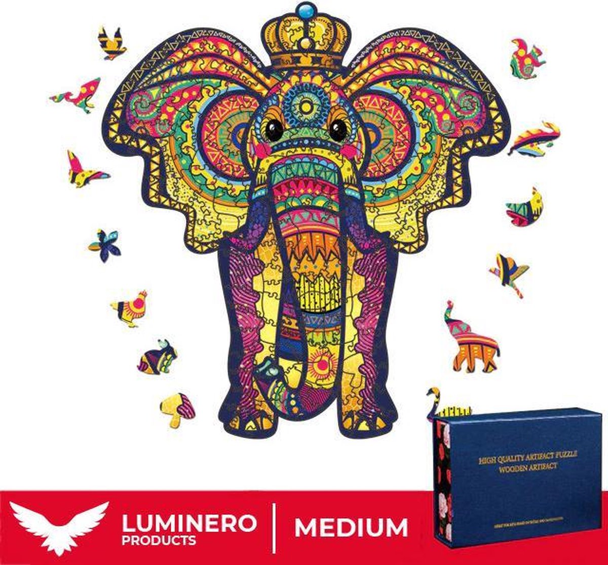 Luminero™️ - Jigsaw Houten Puzzel - Olifant Medium Formaat – Wooden puzzle - Leuk voor volwassenen - Unieke vormen - Educatieve puzzels - Fantastisch cadeau voor vrienden en gezinnen - Huisdecoratie - Giftbox