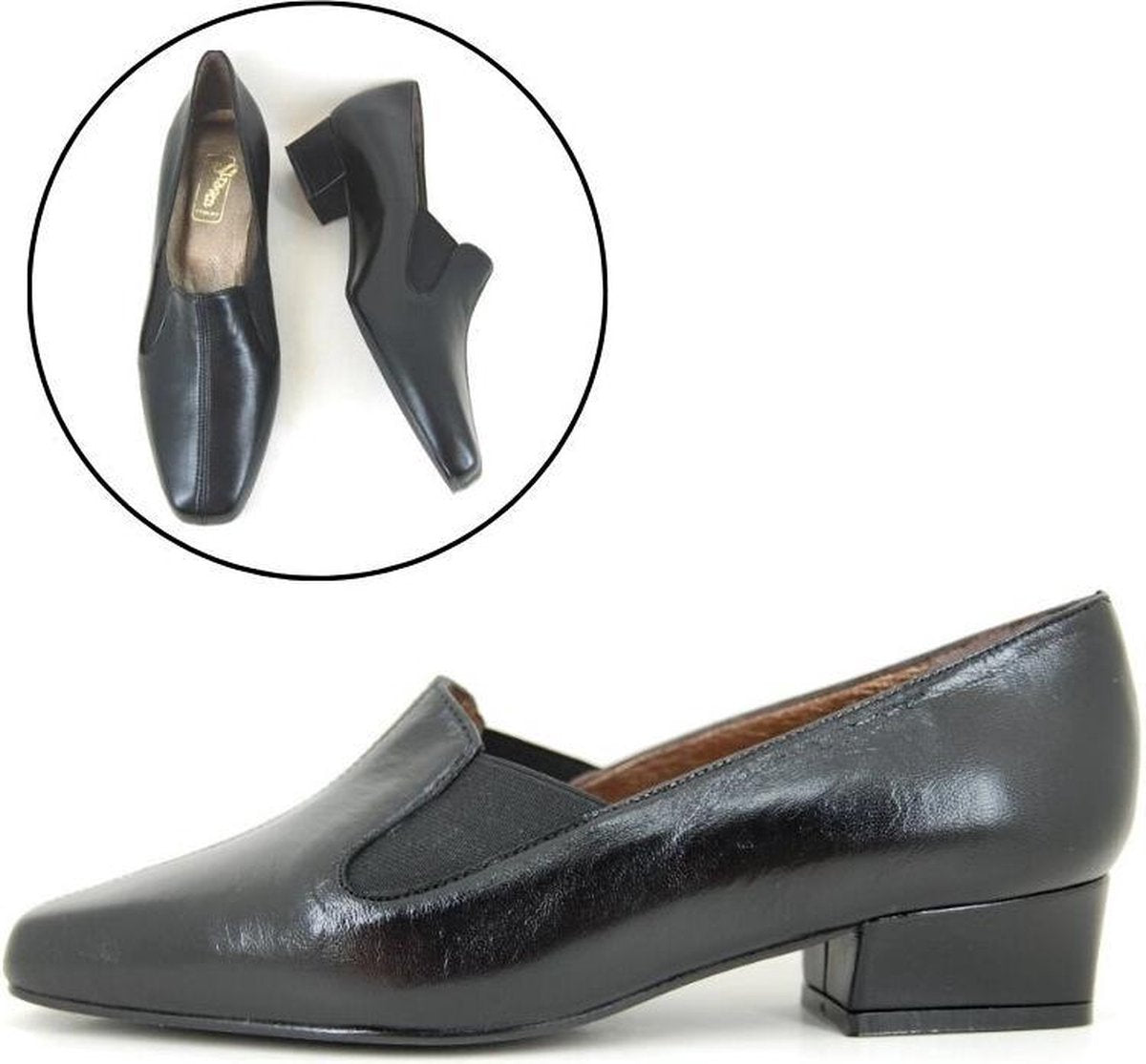 Stravers - Maat 42 City Chic Pumps Lage Hak Zwart Leer. Grote Maten Comfortabele Instappers