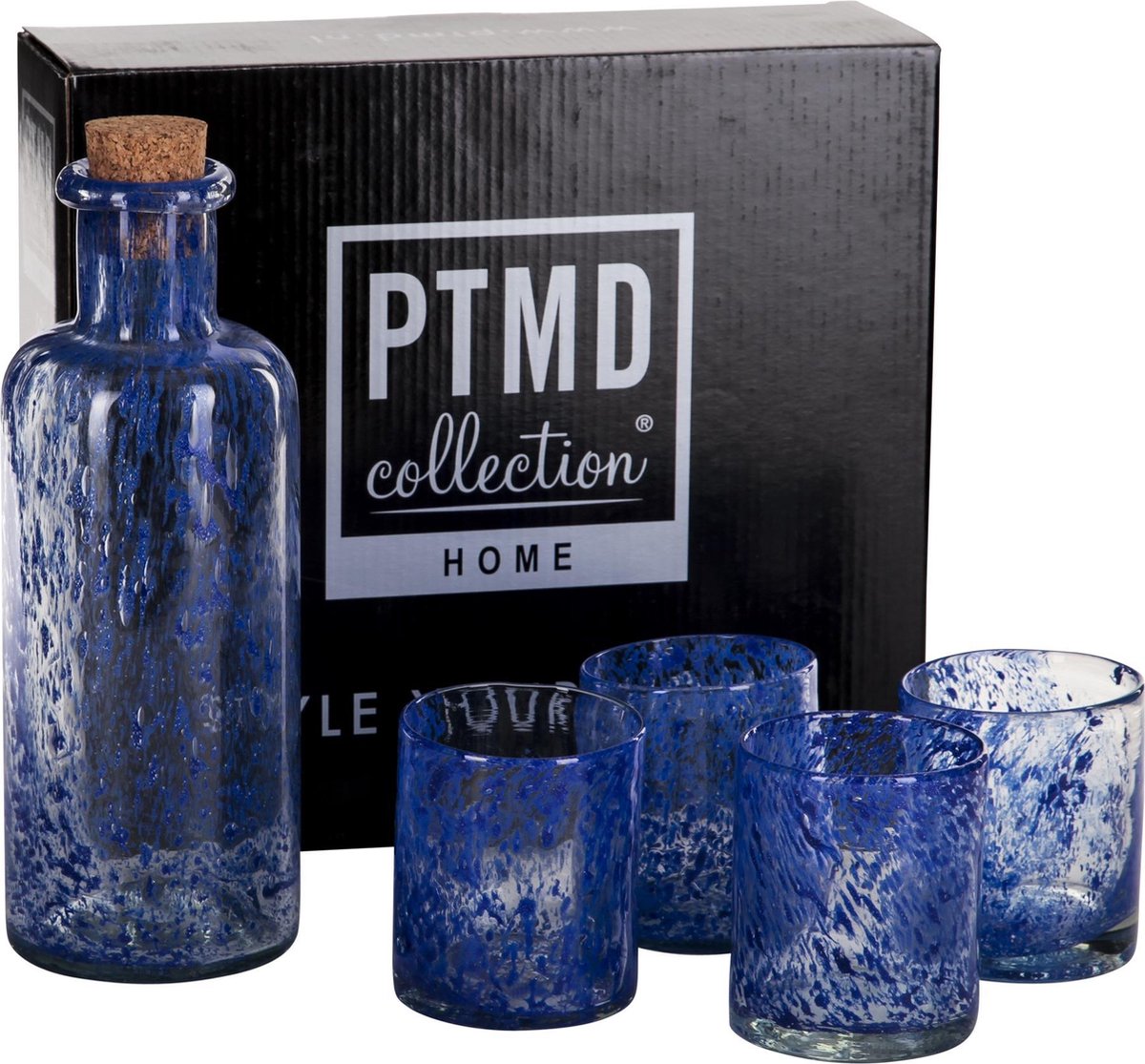 PTMD Aqua blauwe waterfles + 4 glazen