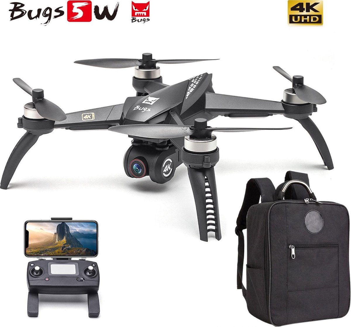 Drone Bugs 5W met 4K Ultra HD live camera + GPS 1000M en volgsysteem - Brushless motoren - incl. Origineel Opbergtas !