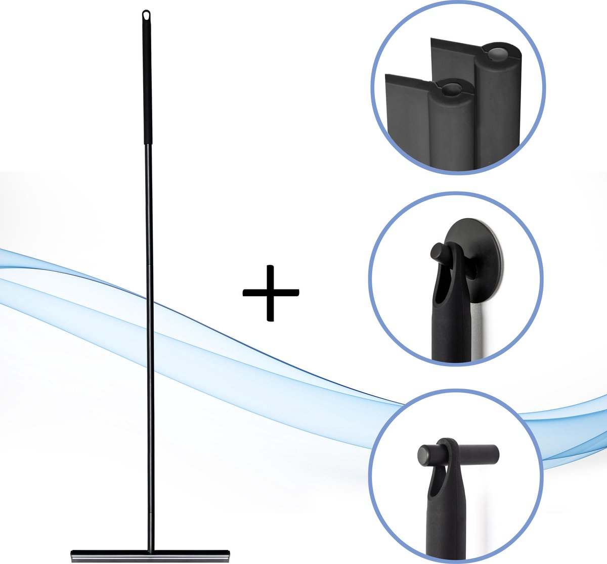 MIMOA Brooklyn - Vloertrekker - Vloerwisser - Vloertrekker met steel - Vloertrekker badkamer - Zwart - Inclusief plak- & schroefhaak + extra rubber