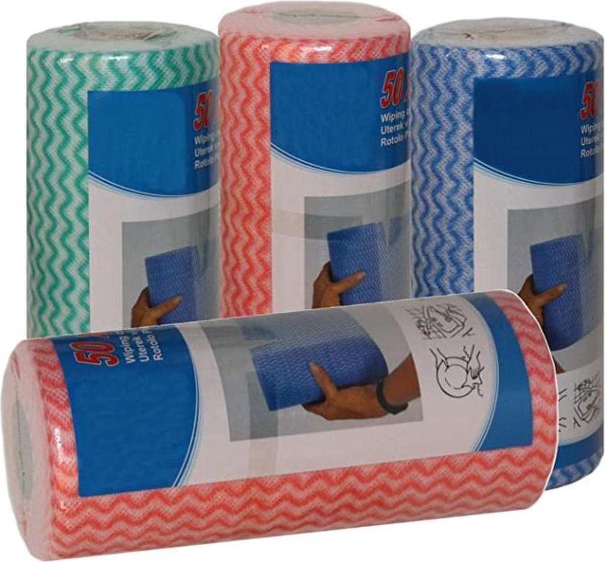 12 x 50 huishouddoekjes op rol 600 schoonmaakdoekjes Mix blauw-rood-groen-paars