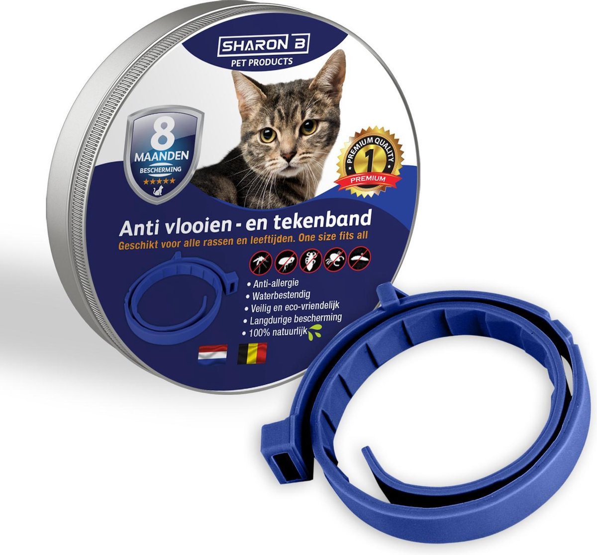 Biologische vlooien- en tekenband voor katten - BLAUW - zonder giftige pesticiden - Veilig en verantwoord