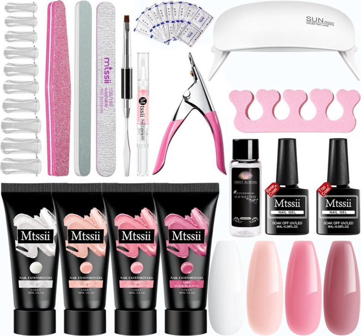 Mtssii - POLYGEL kit - 4 Kleuren polygel 30ML -  roze en wit - Starterkit - Manicure Set - UV Lamp - Polygel nagels starterspakket - nepnagels -