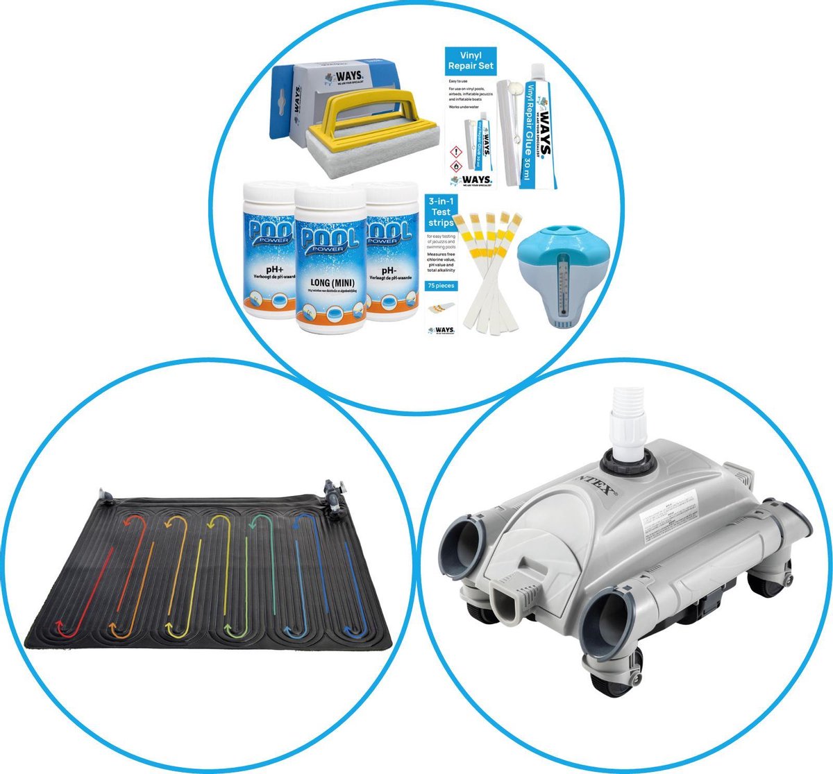 WAYS - Zwembad Accessoirepakket 3-delig - WAYS Onderhoudspakket & Zwembad verwarming & Automatische Zwembad stofzuiger