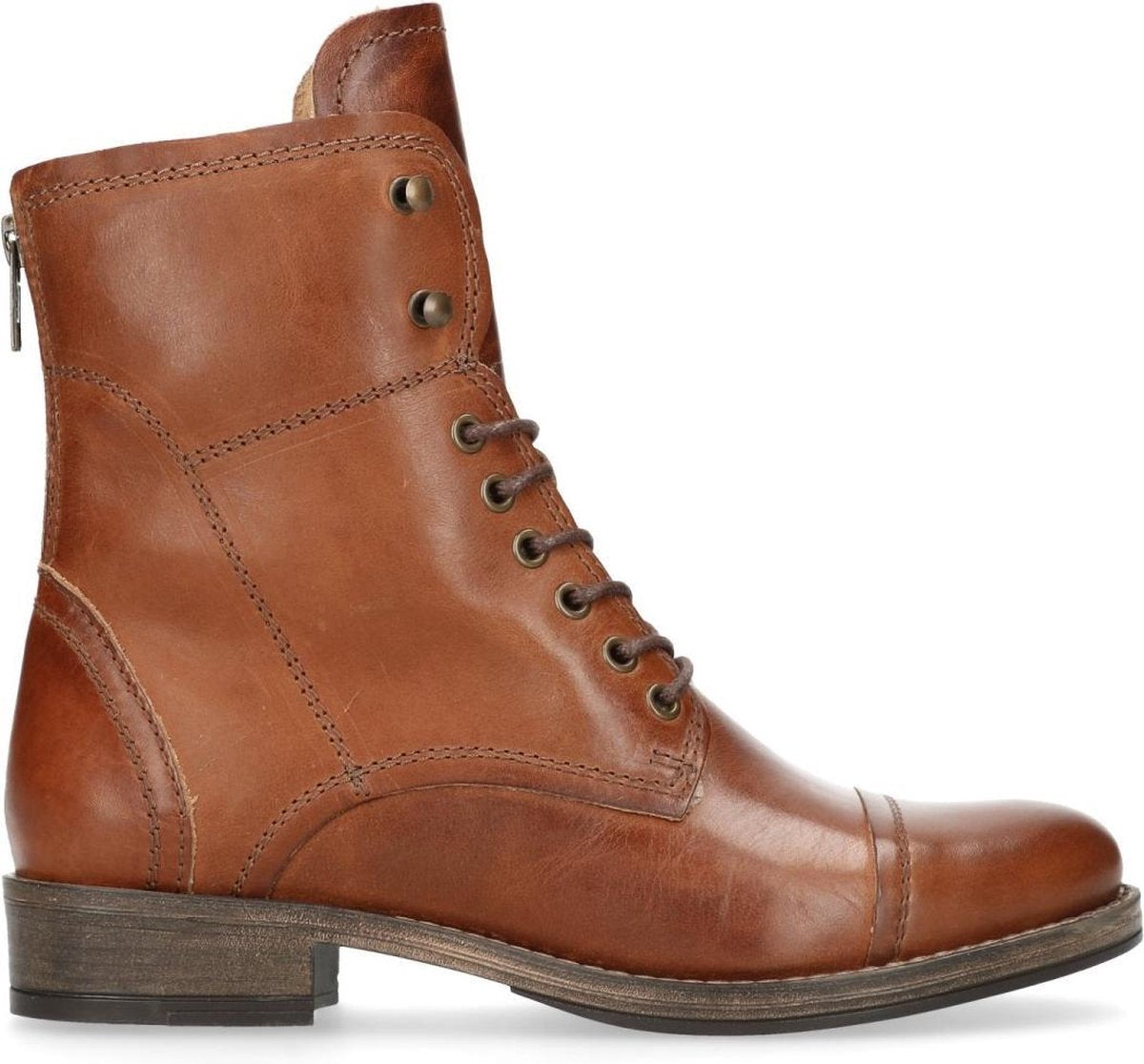 Manfield - Dames - Cognac veterlaarzen leer met imitatiebont - Maat 39