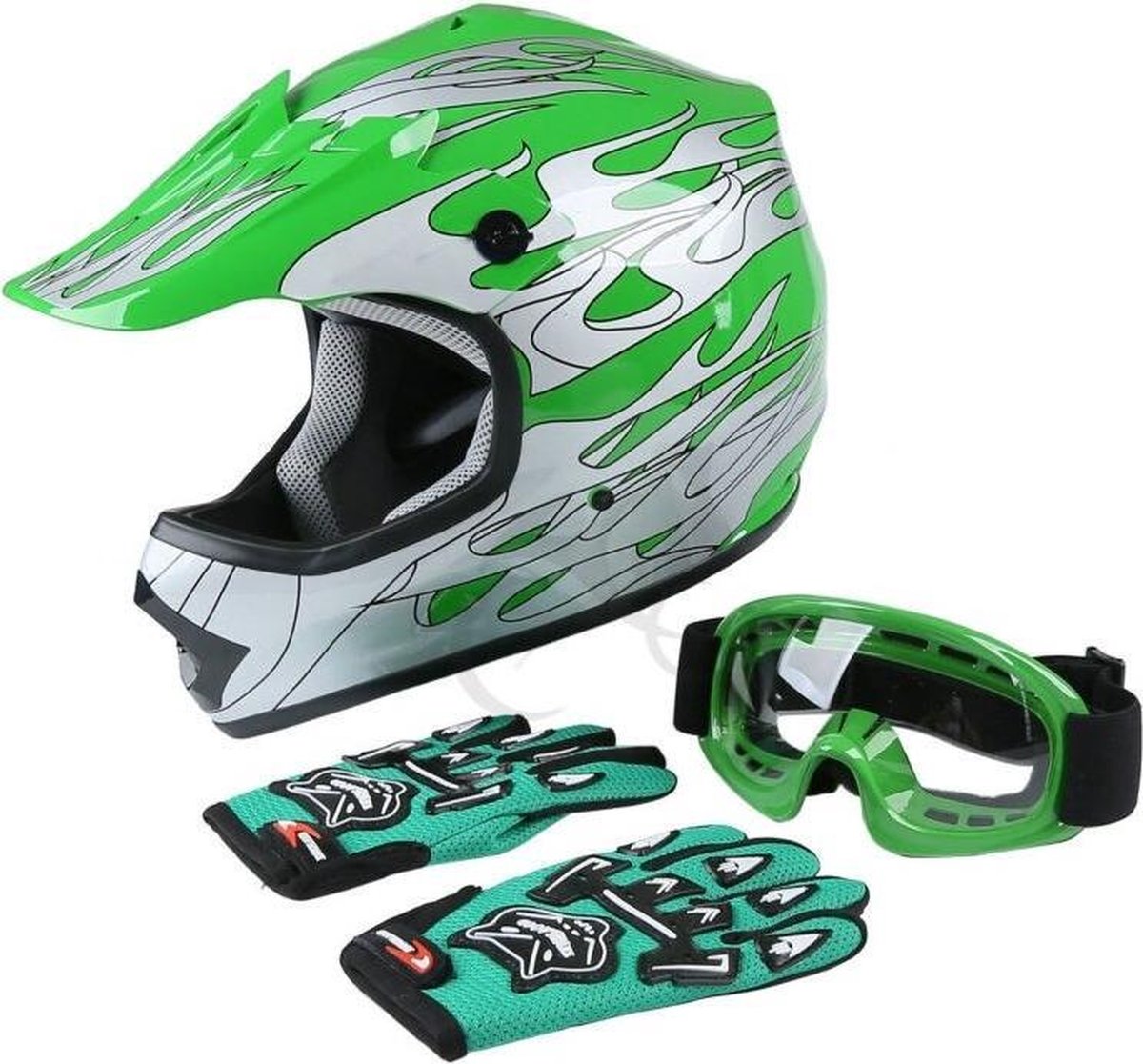Kinder Crosshelm Motorcross Groen Set - Maat M (51-52 cm)