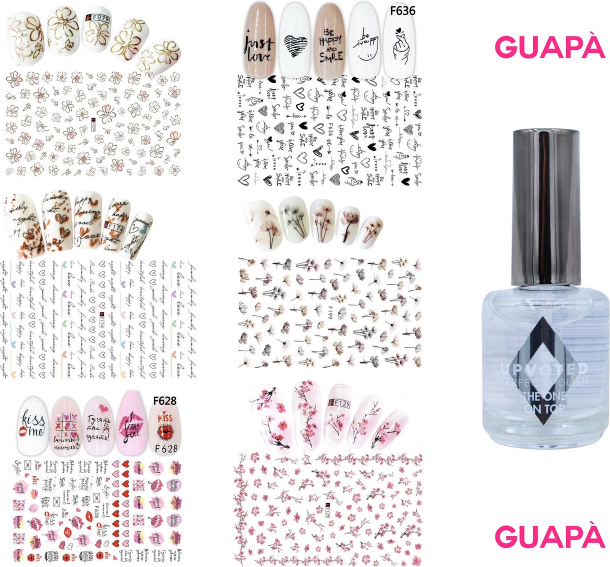 GUAPÀ - Nail Art 3D Nagel Stickers Set met een Top Coat voor goede hechting - Nagel Decoratie & Versiering Folie - 6 Sticker Vellen met Top Coat