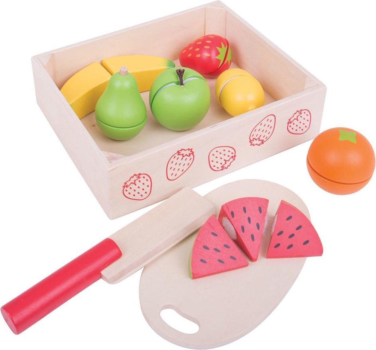 Houten Kistje met Fruit en Klittenband - Mer Mes en Plank - Bigjigs - 18-Delig