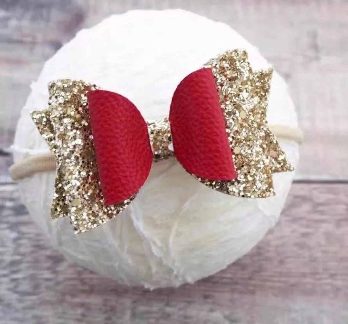 Haarband Meisjes | Baby haar accessoires | Nylon haarbandje met glitters en strikje | Rood | Goud | Meisjes haar accessoires