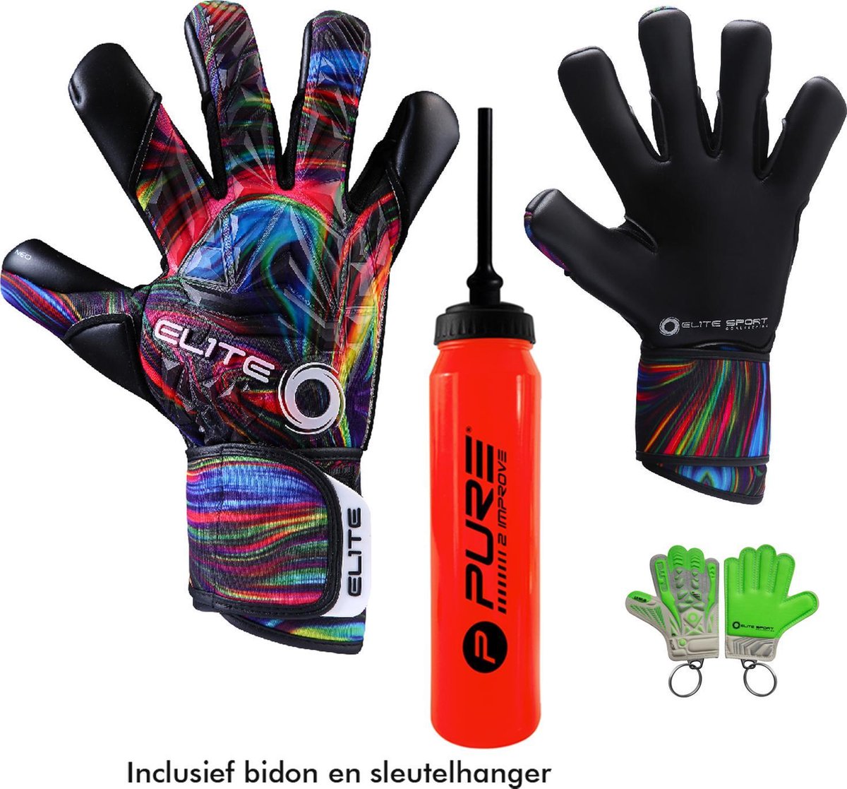 Elite - Rainbow - Keepershandschoenen - inclusief Keepersbidon & Elite Andalucia sleutelhanger - maat 6 - voetbal keepershandschoenen - keepershandschoen - Goalkeeper handschoen