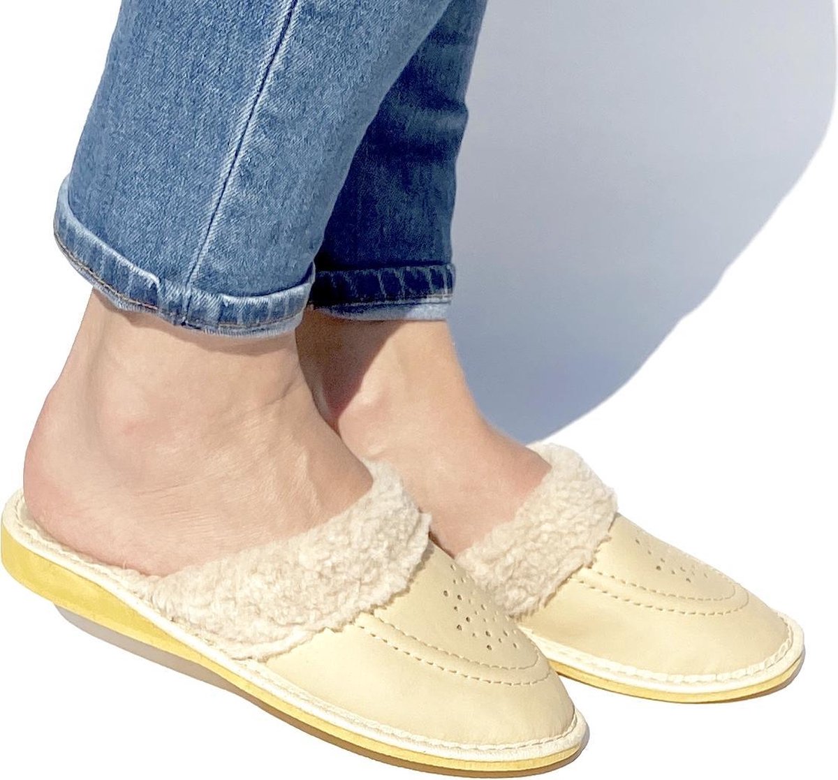 Leren dames pantoffels | Sloffen gevoerd met wol | Maat 41