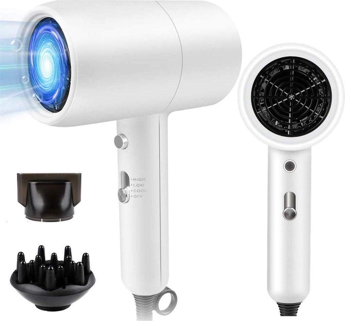 Fuegobird 3 in 1 Professionele Föhn Negatieve Ionische Föhn met Diffuser en Concentrator Nozzles-3 Temperatuur & 2 Snelheden Geluidsarm Lichtgewicht voor thuis en onderweg - Wit