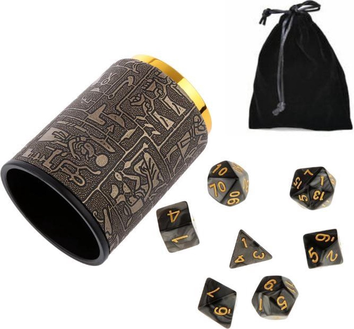 Polydice set voordeel met cup | 9 delig | voordeelset van 7 polyhedral dobbelstenen inclusief velours bewaarzakje & dobbelbeker | dungeons and dragons dnd dice cup | D&D  Pathfinder RPG | Zwart gemarmerd met goud / black smoke gold